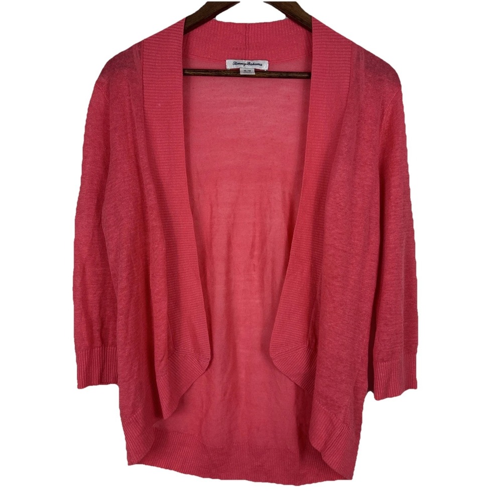 Tommy Bahamma 100% Linen Cardigan Womens Medium Pink Coral Open Front 3/4 Sleeve